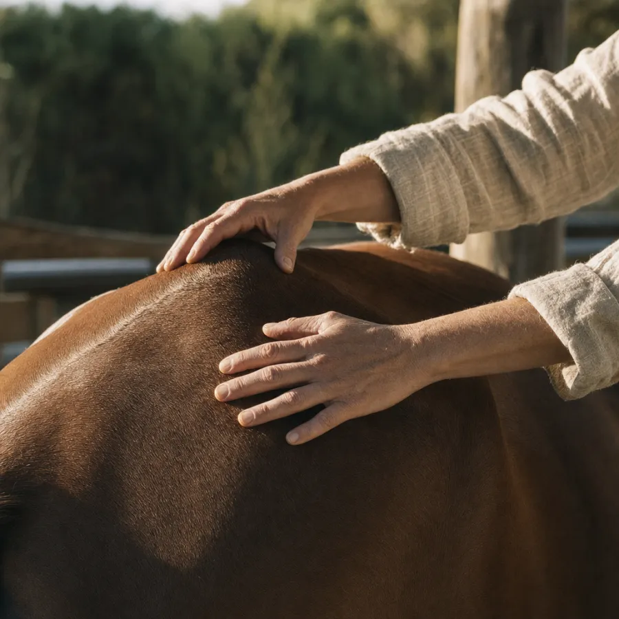 Hands assessing a horse's back along the topline