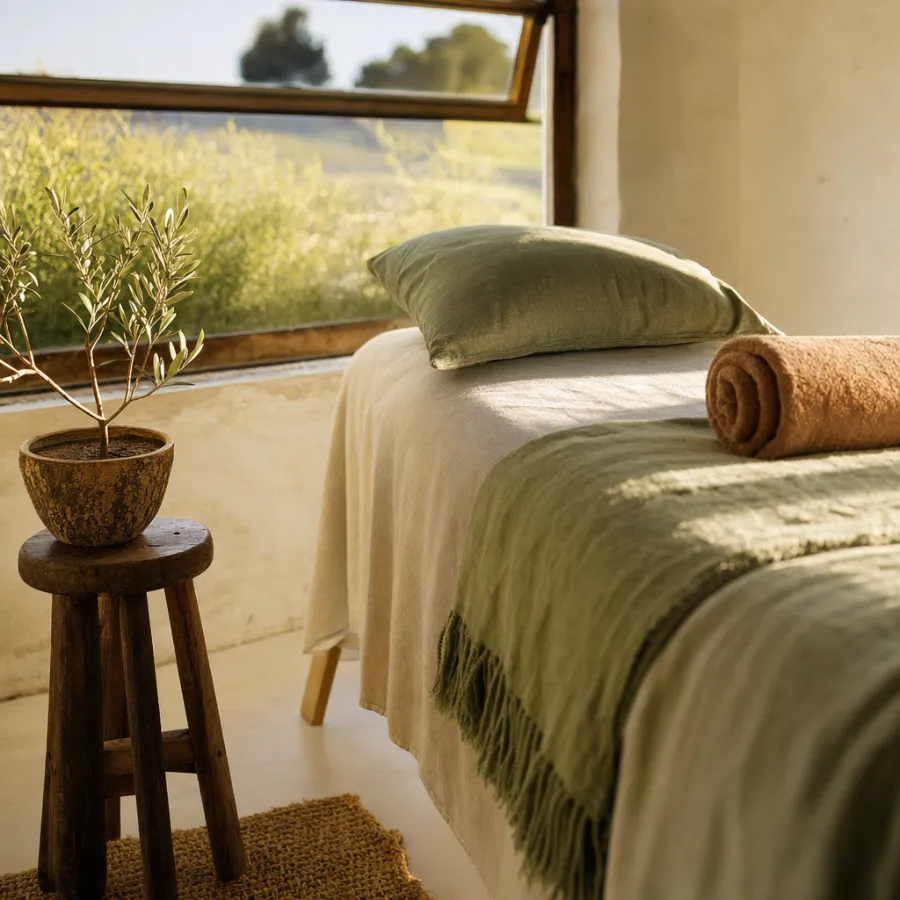 A calm, warm treatment room with a linen bed, plants and window light